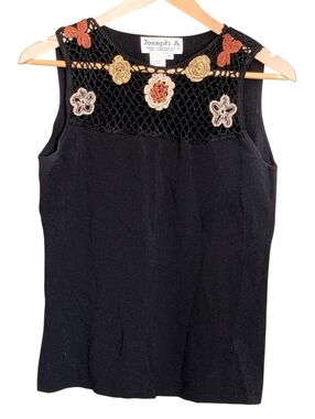 Joseph A Black Sleeveless Top with Crochet Floral Yoke in Gold and Rust XL Boho